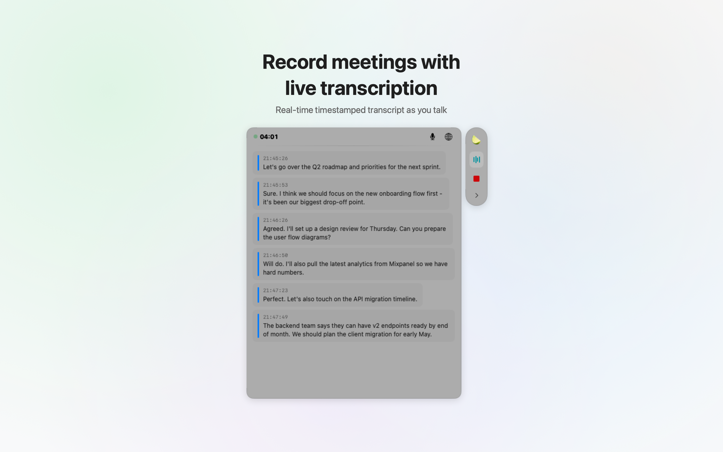 Live transcription showing real-time timestamped transcript