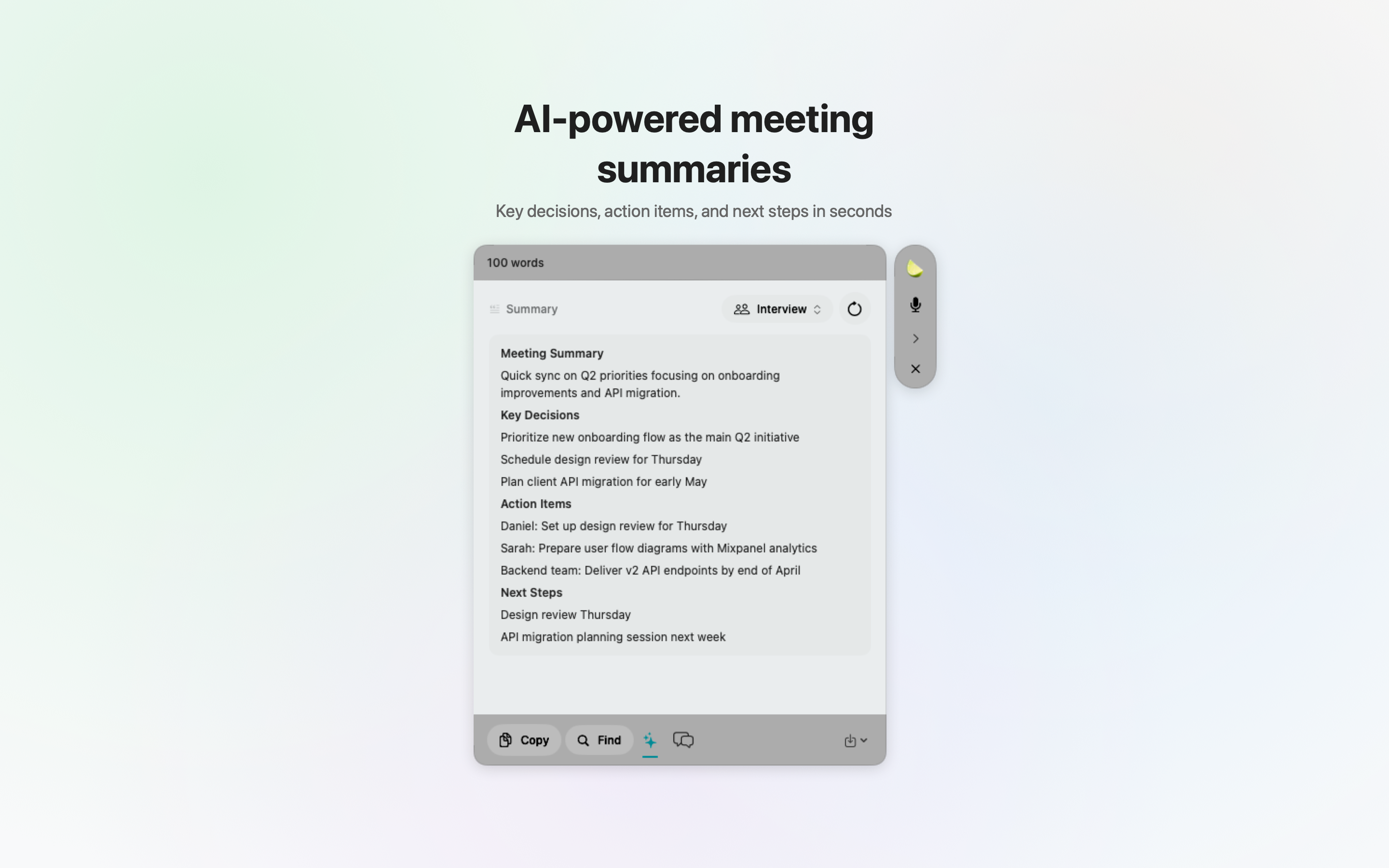 AI summary showing key decisions, action items, and next steps