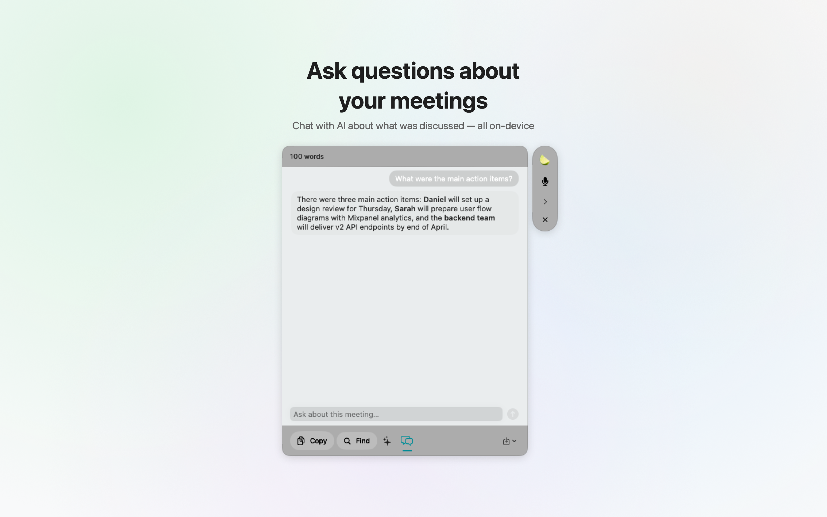 Chat interface asking questions about the meeting